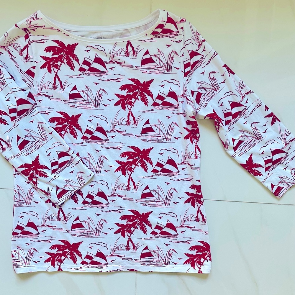 Talbots Red and White Tee With Three Quarter Sleeves